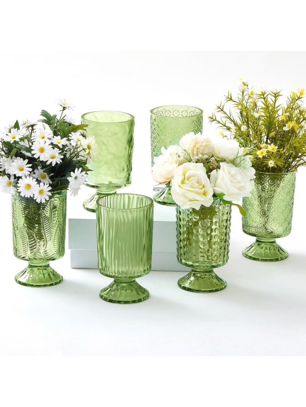 Set of 6 Embossed Flower Vases - Elegant Green Glass Pedestal Decor, 7” H x 4” W